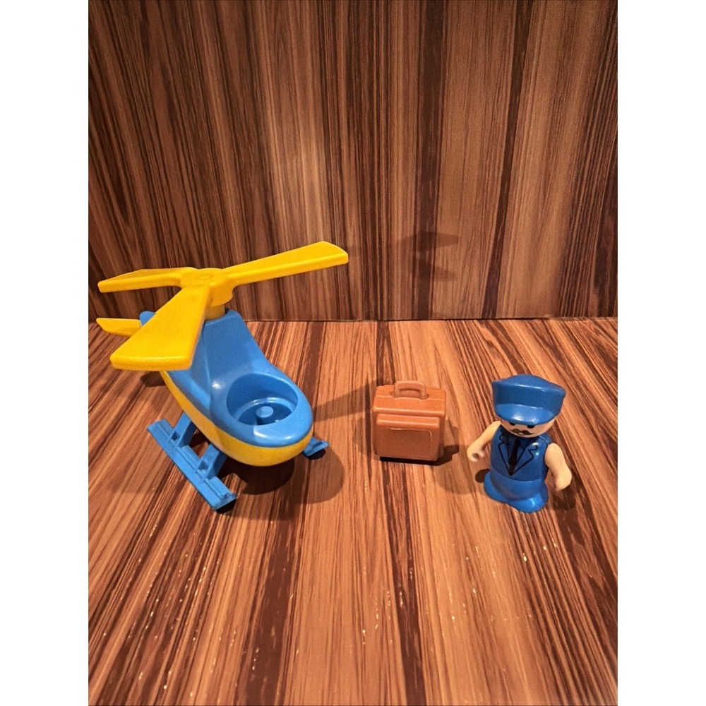 Fisher Price Little People Helicopter Airport Vintage Blue Yellow With Pilot